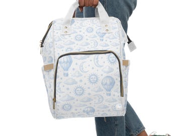Diaper Backpack Celestial Blue | Sun Moon Stars Baby Boy Bag | Whimsical Nursery