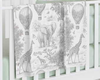 Swaddle | Scale Gray Elephant & Giraffe Baby Blanket, Chinoiserie Safari Dreams Collection, Neutral Nursery