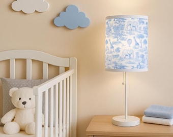 Chinoiserie Jungle Nursery Lamp: Blue Animal Print Bedside Light