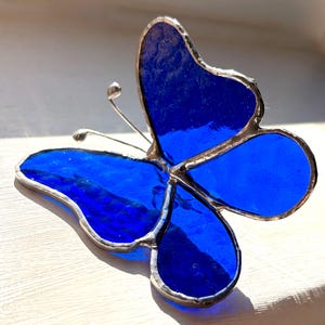 Può includere: Un ornamento a forma di farfalla in vetro colorato con vivaci pannelli di vetro blu cobalto tenuti insieme da linee di saldatura in metallo argentato. La farfalla presenta due delicate antenne metalliche con punte arrotondate.