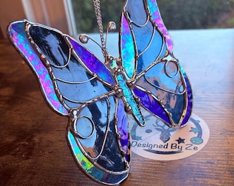 Iridescent Stained Glass Butterfly – Handmade Suncatcher – Hanging Window or Garden Decor