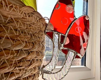 Stained Glass Toadstool Pot Hanger – Handmade Plant Pot Decoration – Glass Mushroom Ornament