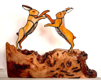 Amber Stained Glass Boxing Hares – Woodland Wildlife Sculpture – Handmade Glass Art on Elm Burr Base