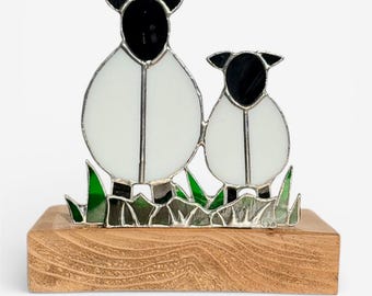 Stained Glass Sheep and Lamb Panel – Tealight Holder on Cedar Base – Handmade Spring Decor