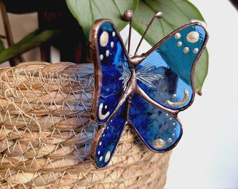 Stained Glass Butterfly Pot Hanger – Handmade Plant Pot Decoration – Colourful Glass Butterfly Ornament – Blue