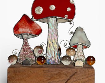 Stained Glass Toadstool Panel - Walnut base tealight holder