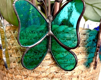 Stained Glass Butterfly Pot Hanger – Handmade Plant Pot Decoration – Colourful Glass Butterfly Ornament - Teal