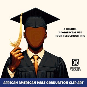 Afro-Amerikaanse mannelijke afgestudeerde 2024 | 6 kleuren | Afstuderen clipart bundel van PNG's | Afbeeldingen van Black Man Cap & Gown