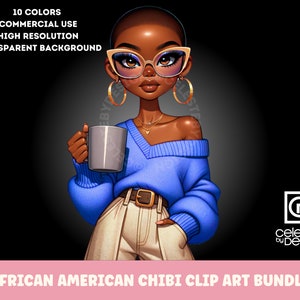 Paquete de imágenes prediseñadas de belleza diversa: mujeres afroamericanas, 10 variaciones de color, PNG, arte digital/amantes del café y el té/uso comercial