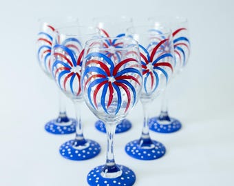 July Fourth, Fireworks, Independence Day Hand Painted Wine Glasses Set of 2  - 21 Oz. New Years Eve July 4th Red White and Blue Patriotic - Etsy