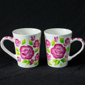 Set of 2, Pink Rose Mugs, Hand Painted, Mothers Day Gifts, Birthday Gifts, Spring, Pretty Coffee Mugs, Tea Cups, Pink, White, Green