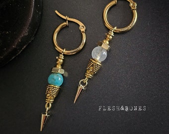 Mono-boucle d'oreille unisexe ANUBIS SPEAR, howlite turquoise ou pierre de lune blanche