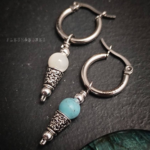 DROP mono-boucle d’oreille, pierre de lune blanche ou howlite turquoise, cerceaux unisexes en acier inoxydable