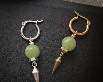 Brass and Jade green Peridot , silver or golden and bronze mono earring, unisex