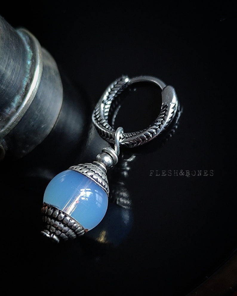 BLUE ELIXIR, Quartz mono earring, unisex with stainless hoop image 1