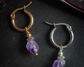 PURPLE SERENITY Boucle d'oreille mono unisexe Amethyst brute, argent ou doré et acier inoxydable