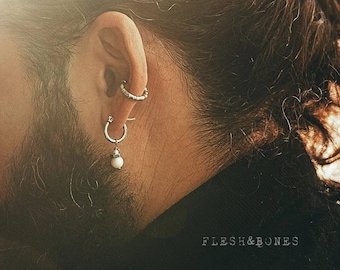 Boucle d&#39;oreille mono unisexe pierre de lune perle, argent ou or
