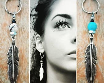 Mono boucle d'oreille pendante VINTAGE FEATHER bleu turquoise/beige jaspe