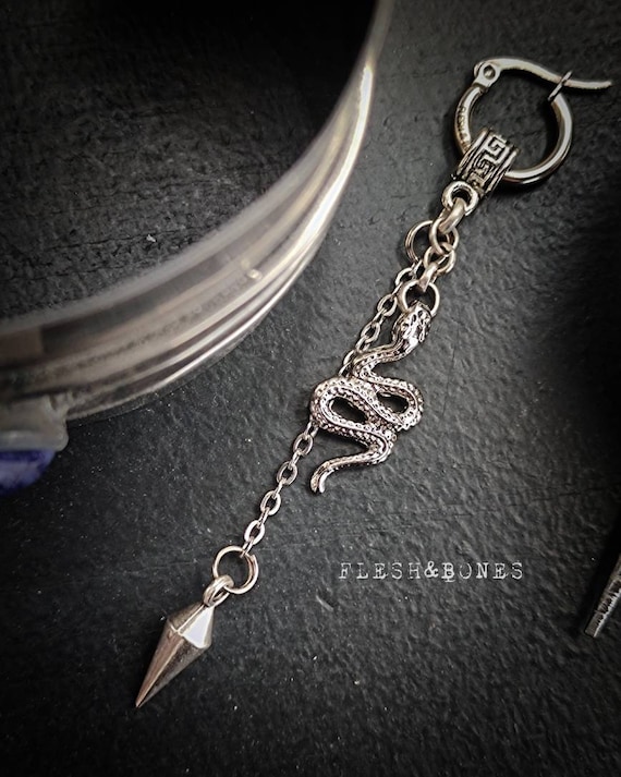 Serpent d’argent et chaîne unisexe, boucle d’oreille mono faite à la main