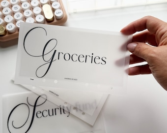 May include: Translucent white budget envelopes with black text. One envelope reads "Groceries" in a stylish script font. Another reads "Security fund". A calculator and clear storage container are in the background.