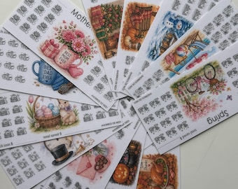 May include: A collection of paper savings trackers featuring seasonal watercolor illustrations including a pink mug with flowers, a snowman, a bicycle, a rabbit with Easter eggs, a top hat, and a turkey, with text like Mother, Spring, and total saved $.
