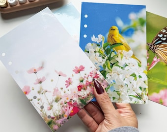 May include: A hand holding several decorative planner inserts. The inserts feature floral and nature-themed designs, including pink flowers, a yellow bird, and a butterfly. The inserts have pre-punched holes for binding.