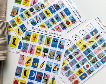 May include: Three rectangular paper sheets featuring colorful grid illustrations of traditional Loteria game cards. Each card displays a unique icon with a corresponding number and the text JUEGA LOTERIA y ahorra. The designs include images like a heart, a boot, a mermaid, and a skull.