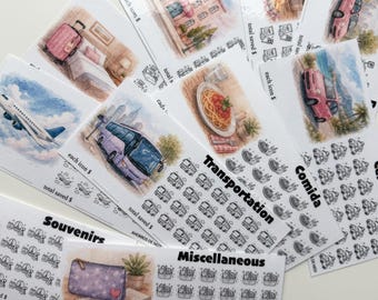 May include: A collection of printed savings tracker sheets featuring watercolor illustrations of travel scenes, including a pink suitcase, a bus, a plane, a building, and a plate of pasta, with rows of small icons and text labels like Transportation.