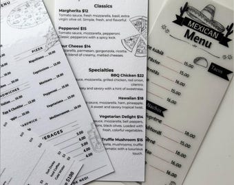 May include: Three rectangular menu cards with black text and illustrations on white and translucent backgrounds. The menus feature headings for Pizza Menu and Mexican Menu, listing various food items, prices, and ingredients in a clear, organized layout.