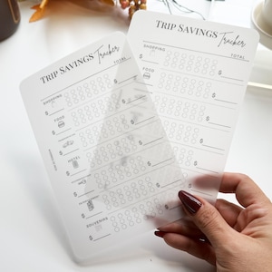 May include: Two translucent trip savings trackers with the words "Trip Savings Tracker" at the top. The trackers have sections for shopping, food, transportation, hotel, accommodations, entertainment, and souvenirs. Each section has circles to track savings.