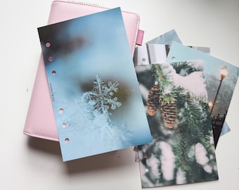 May include: A pink planner with several winter-themed inserts. One insert features a close-up of a snowflake, while others show snowy pinecones and a street lamp. The inserts have holes for binding.