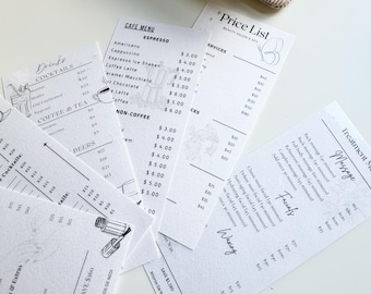 May include: A collection of printed menus and price lists for a beauty salon and spa. The menus include sections for drinks, cocktails, coffee, espresso, and non-coffee beverages, as well as services like massage, facials, and waxing.