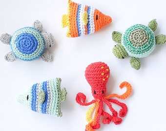 Animaux marins au crochet, tortues, pieuvre et poisson, peluches douces, en coton et de différentes couleurs