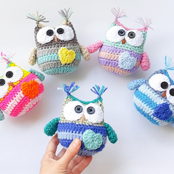 Owl Colorful Stuffed Animal, Handmade Gift or Decor, Desktop Pet, Heart Option