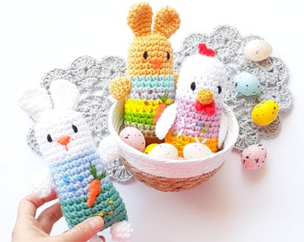 Easter Bunny Rabbit or Chicken, small Stuffed Animals, Home Decorations, Gift for Kids, Stitched carrots and flowers