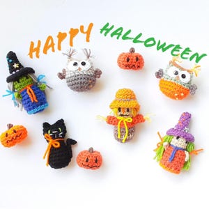 Fall Halloween Mini Crochet Animals and Dolls, Scarecrow Witch Bat Cat Owl and Pumpkin, price per unit