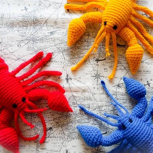 Lobster plush Crochet animal, stuffed toy or decoration piece. Red, blue or yellow. Ready to ship