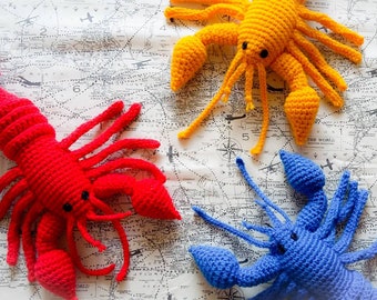 Lobster plush Crochet animal, stuffed toy or decoration piece. Red, blue or yellow. Ready to ship