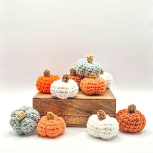 May include: A collection of small, handmade crochet pumpkins in shades of orange, white, and light blue. Each pumpkin features a textured, ribbed surface and a small, brown crocheted stem on top. The pumpkins are arranged on a wooden block.