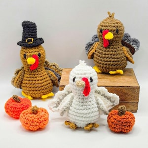May include: Three crocheted turkey figures and three small crocheted pumpkins. One turkey wears a black top hat, one is brown, and one is white. Each turkey has a yellow beak and a red wattle. The pumpkins are orange with brown stems.