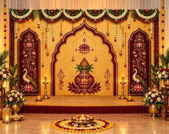 Traditional Indian Temple-Style Photography Backdrop – 8 ft x 6 ft Festival & Wedding Background