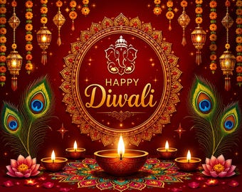 Diwali celebration with Diyas Backdrop  Decoration Cloth for Pooja Decoration Traditional / Background Curtain Cloth for Pooja / Festival