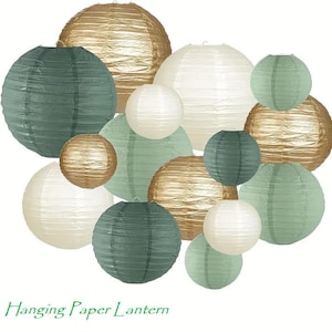 May include: A collection of paper lanterns in various sizes and colors, including gold, green, and white. The lanterns are round and have a ribbed texture. The text "Hanging Paper Lantern" is at the bottom.