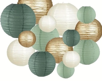 Sage Green Paper Lanterns, Wedding Bridal Shower Decorations, 16pcs