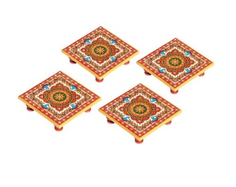 Hand-Painted Marble Chowki: Small Puja Altar Table, Indian Art (4 inch)