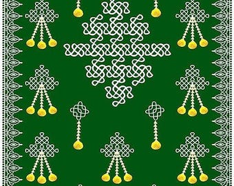 Green Muggu Backdrop: Yellow Flower Hanging Design, Festival Decor (5 x 8 Ft)