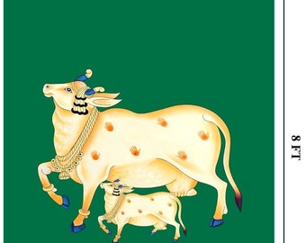 Cow Design Backdrop Curtain: Traditional Pooja Decoration (8x5 ft)