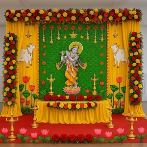 Shree Krishna Design Backdrop: Traditional Pooja Decoration (5x8 ft)