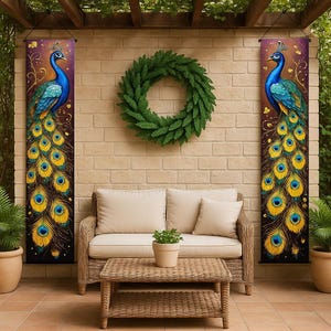 May include: Two peacock wall hangings with blue, teal, and yellow feathers flank a green wreath. A wicker sofa with cream cushions and a matching coffee table sit on a tiled patio. Potted plants add greenery.