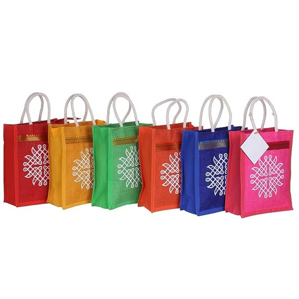 3 in a Pack- Jute Bags with contrast kolam print for Return Gifts | Thamboolam bags | Wedding Gifts | Lunch bag | Multicolor